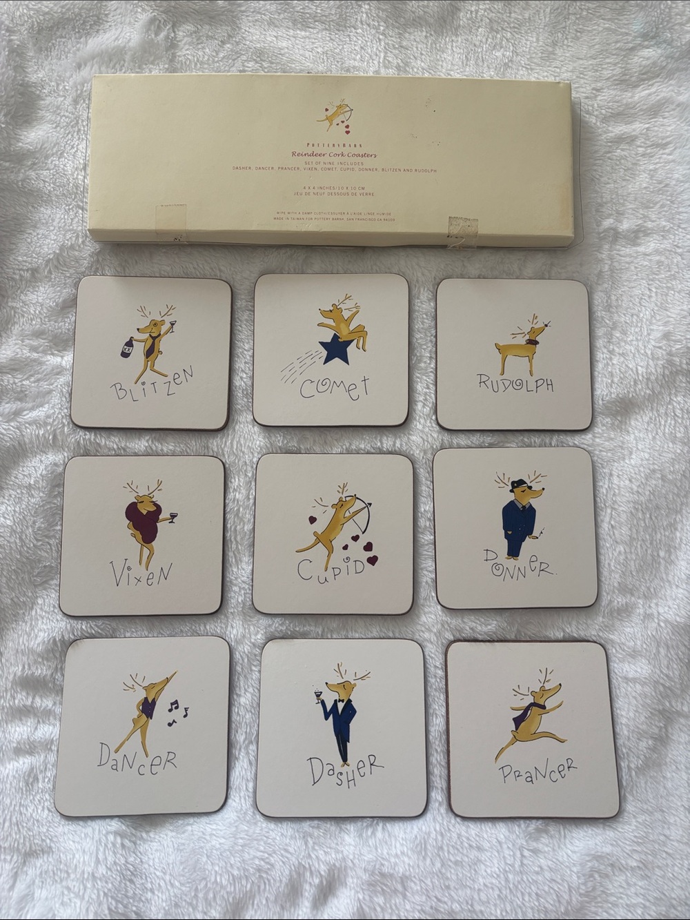 Pottery Barn Holiday Reindeer Cork Coaster Set in Cream, Gold, Navy